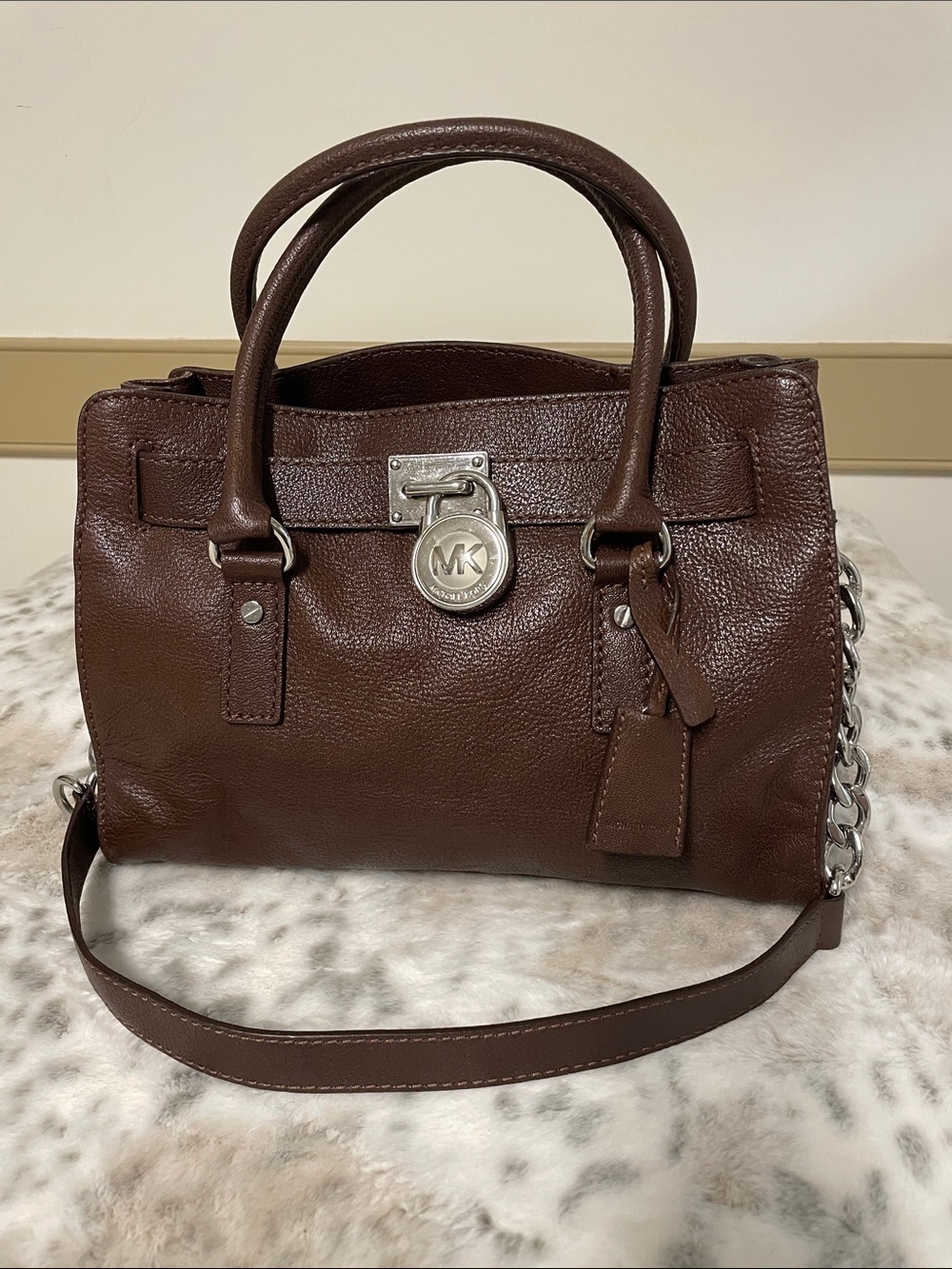 Michael Kors Dark Brown Pebbled Leather Satchel with Silver Hardware